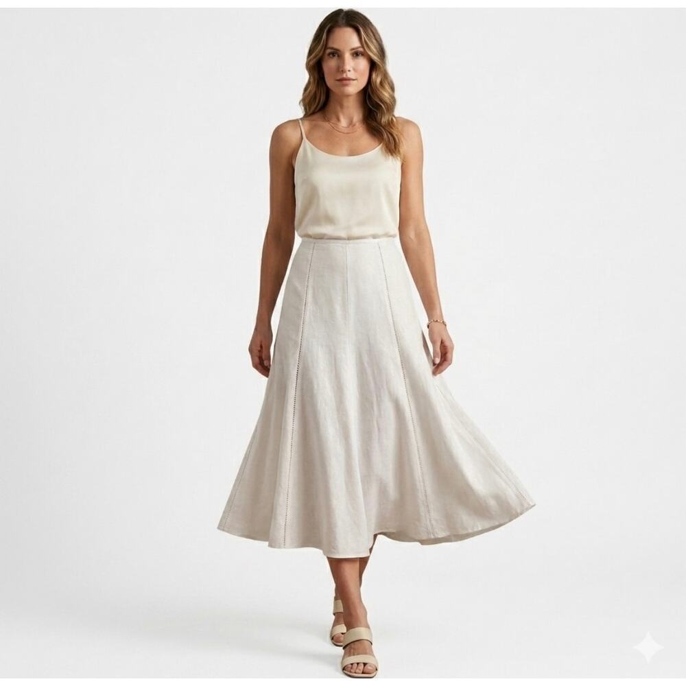 NWT WHBM Ivory Linen Cotton Metallic Sparkle Flare Midi Skirt 10 Minimalist City